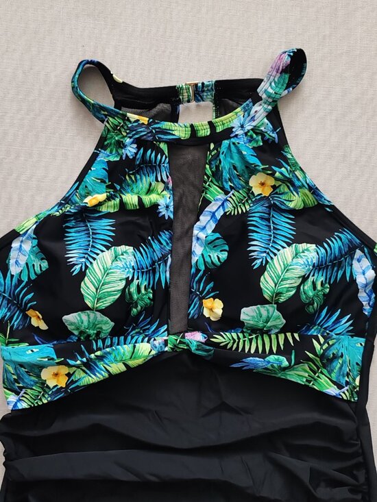 NWOT Tropical Leaf Print Mesh One-Piece Swimsuit - High Neck Cutout XL Black - Picture 3 of 9